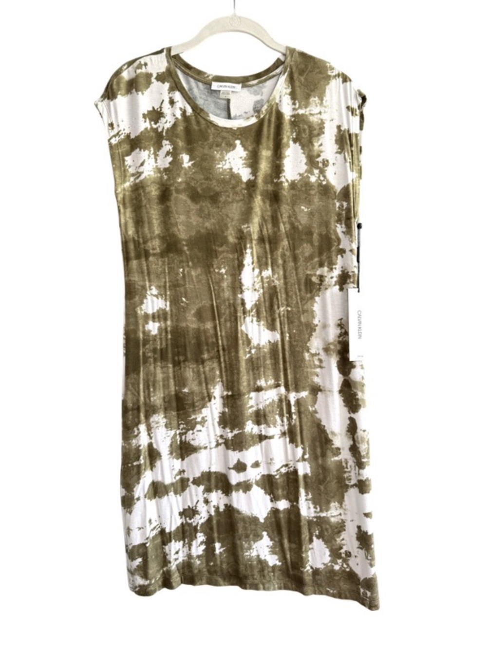 NEW Calvin Klein T-shirt Dress Tie Dye Jersey Knit Olive Green White Size 6